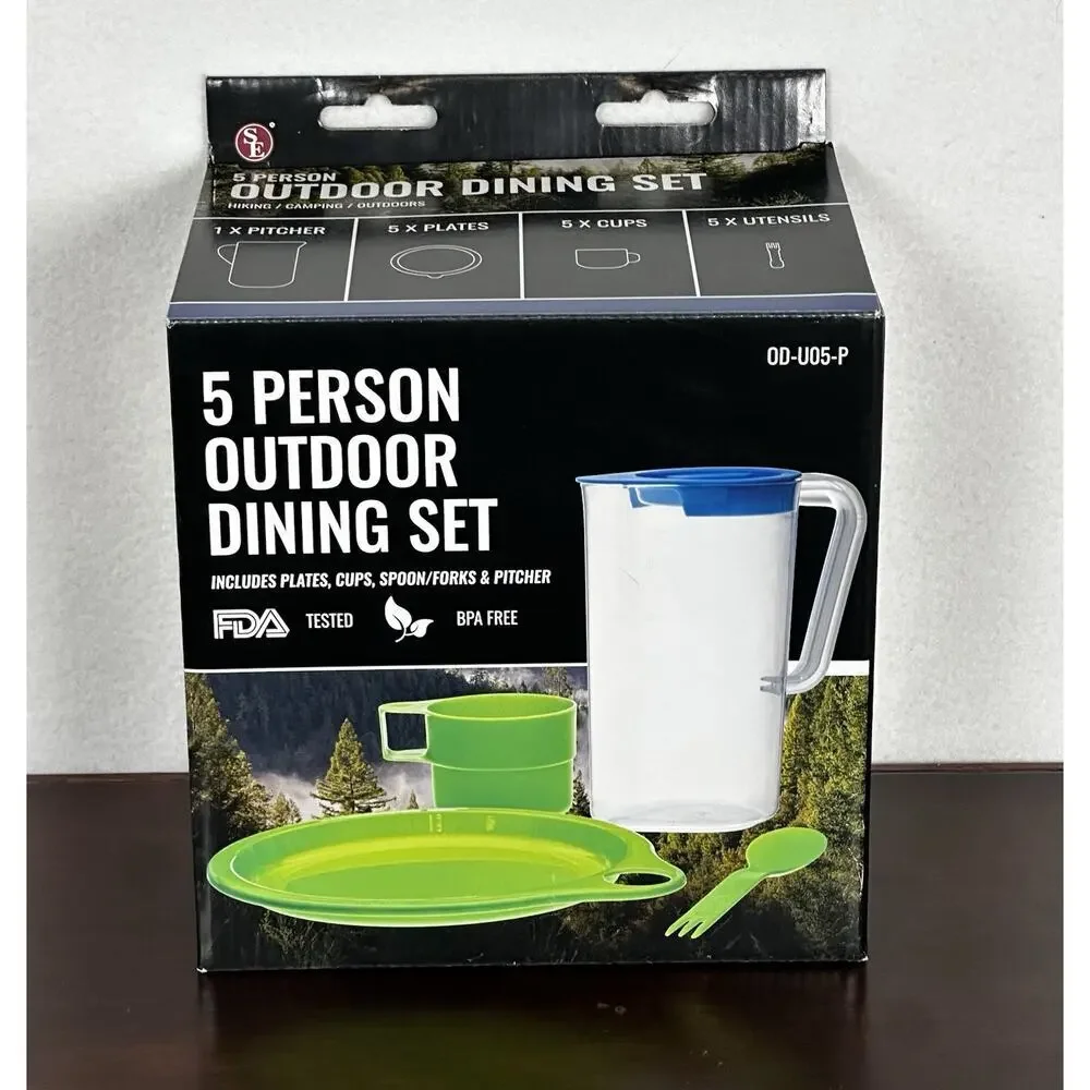 Camping 5 Person Outdoor Dining Set Plates Cups Forks Pitcher Reusable NIB